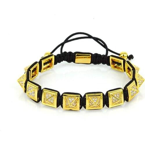 Famous Men Bracelets Square Steel Bead Micro White Crystal Zircon Beads Braiding Macrame Bracelet Pulseira Masculina