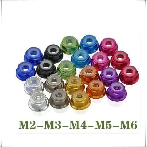 Red Blue Gold Pink Colorful Anodized Aluminum Alloy Nylon Flange Lock Nut 50pcs(Color can mixed)