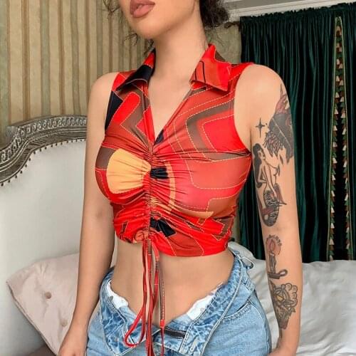 Laertes Drawstring Sexy Crop Top Floral Print Polo Neck Sleeveless Lace Up Skinny Tank Top Ruched Vest Famale top clothing
