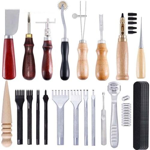 LMDZ Professional Leather Craft Tools Kit Hand Cutter Carving Sewing Stitching Punch Carving Work Leathercraft Accessories
