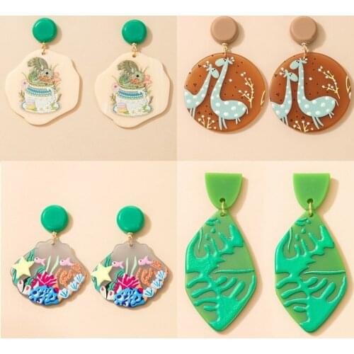 LOVOACC Cute Geometric Acrylic Resin Drop Earrings for Women Creative Multicolor Printed Plant Animal Statement Earrings Brinco