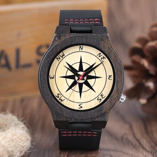 Natural Sandalwood Watches Modern Compass Dial Mens Bamboo Quartz-Watch Soft Genuine Leather Casual Male Clocks Reloj de madera