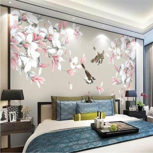 Beibehang Wallpaper Magnolia Hand-painted Mebi Flower Bird New Chinese Wall Decorative painting Custom Wallpaper Mural