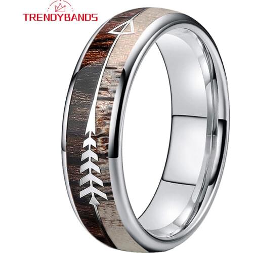 Natural Dear Antler Ring Men Women 8MM Tungsten Wedding Rings With Zebra Wood Antler Arrows Inlay Comfort Fit