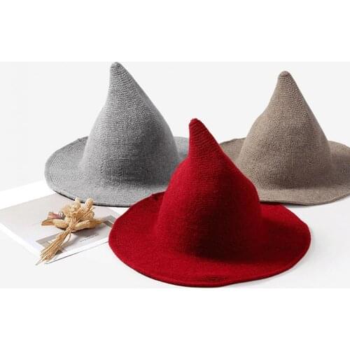 Shaman Hat Solid Color Steeple Unisex Wide Brim Foldable Knitted Witch Cap for Halloween Steeple Wide Brim Shaman Hat