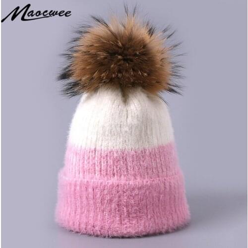 Autumn Winter Warm PomPon Women Hat Beanies Caps Knitted Skullies Hats Crochet Striped Cap Pure Colour Wool Nature Fur Raccoon