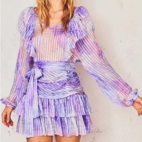 Wenfly Women Elegant Printing Dress V-Neck Lantern Long Sleve Bandage Ruffles Ruched Dresses Female Vintage Clothing