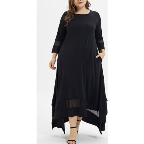 Summer Dress Fashion Women Plus Size Solid O-Neck Three Quarter Sleeve Muslim Long dress L300718