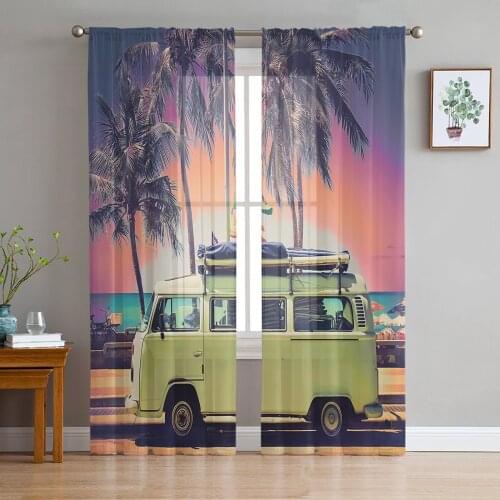 Summer Dusk Seaside Bus Tropical Palm Trees Sheer Curtains for Living Room Tulle Curtain for Bedroom Kitchen Voile Curtains