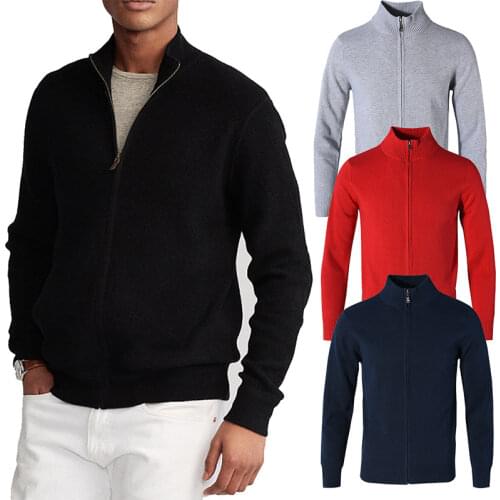 High Quality Mens Solid Color 100% Cotton Casual Zipper Lapel Sweater Jacket Spring Fashion Mens Loose Knit Embroidery Tops