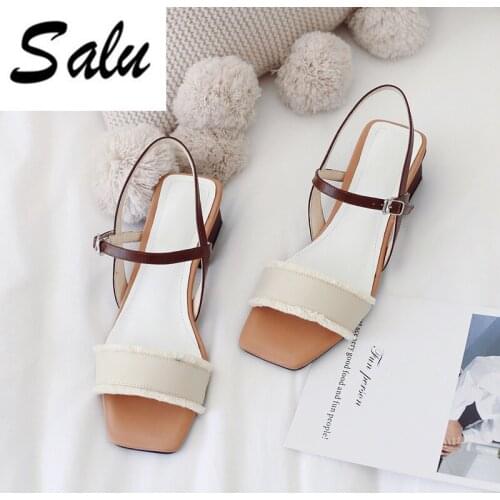 Salu women Sandals white blue Color square Heel Summer Shoes Women Leisure Genuine Leather High Quality Footwear