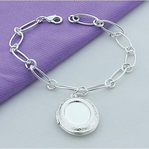 925 Sterling Silver Fashion Simple Oval Round Frame Pendant Bracelet Silver Chain Bracelet For Women Jewelry