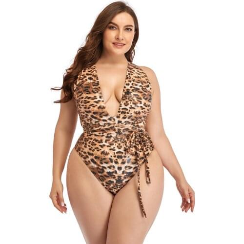 Women One Piece Swimsuit Monokini Sexy Leopard Hollow Out Plunge Deep V Neck Bathing Suit Backless Bodysuit Plus Size Beach Wear