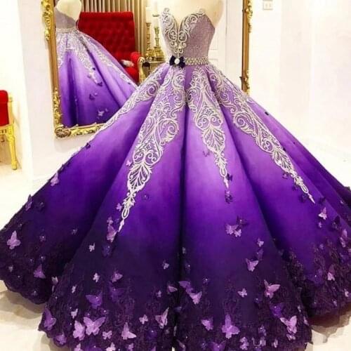 New Arrival 2021 Purple Quinceanera Dresses Crystal Beads Sash Butterfly Lace Appliques Engagement Dress Ball Gown Prom Gowns