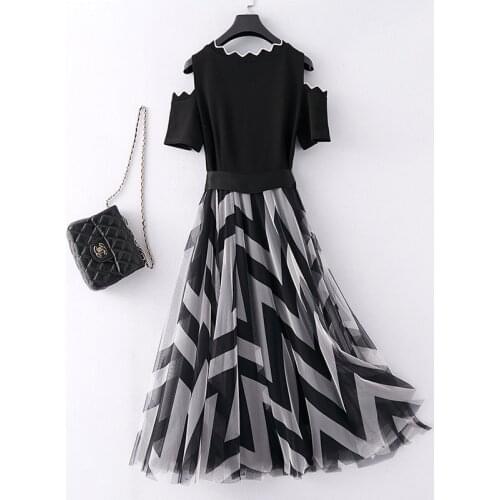 Women Dress Plus Size Gauze Bow Strapless Stripe Short Sleeve Black Roupa Feminina Vestido Mujer Sukienka 6229