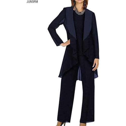Womens 3 Piece Chiffon Black Mother of Bride Dress Pant Suits with Shawl Lapel Jacket for Wedding