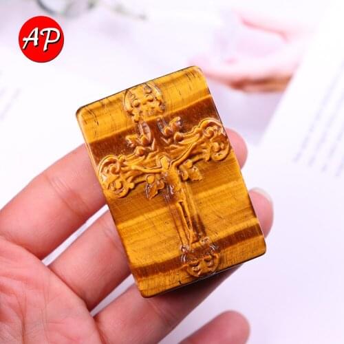 1pc Natural Crystal Tigereye Cross Pendants Jesus Protection plate Charms Stone Quartz Necklace Jewelry Energy Decoration Gift