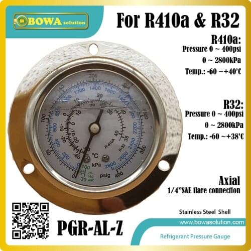 2.8MPa only R410a & R32 refrigerant stainless steel pressure gauge with axial front flange and PSI analog for refrigeration unit