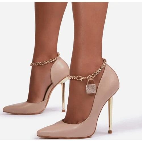 2021 Autumn New Womens Sexy Pointed Toe Shallow Mouth Metal Chain Rhinestone Lock Banquet Stiletto High Heels Single Shoes