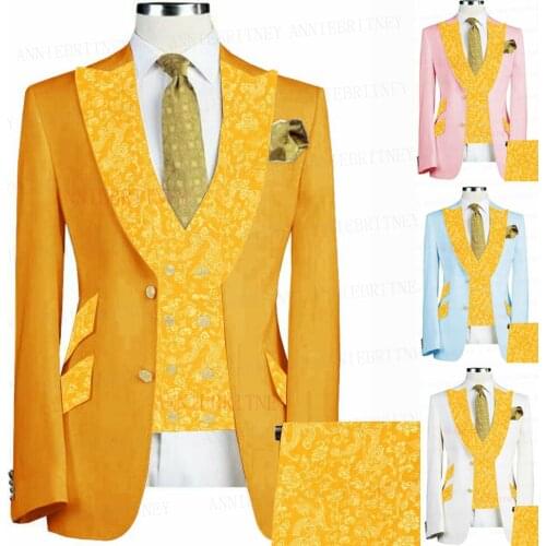 2021 Gold Suit Men 3 Piece Custom Groom Wedding Tuxedo Slim Fit Formal Blazer Suit Jacket White Yellow Floral Printed Vest Pants