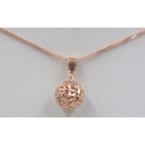 Solid 18k Rose Gold Hollow Ball Pendant / Pure 18k Rose Gold Wheat Foxtail Chain Necklace 18"L Gift For Women