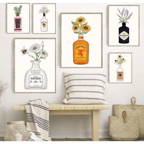 Gin Vodka Whiskey Cocktail Flower Kitchen Bar Wall Art Canvas Painting Nordic Posters And Prints Decor ​Pictures For Living Room