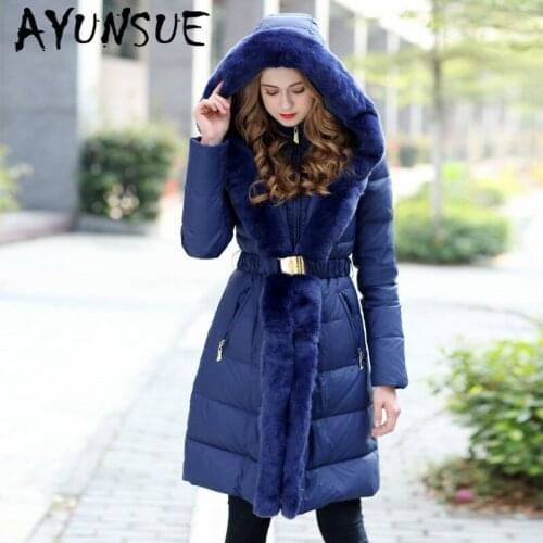 AYUNSUE 90% Womens Winter Down Jacket Weman Luxury Real Rex Rabbit Fur Hooded Duck Down Coat Female Thick Warm Parkas Chaqueta