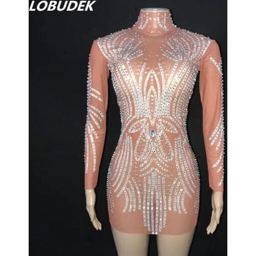 Printing Design Rhinestones Mesh Mini Dress Long Sleeve Elastic Tight Transparent Birthday Party Outfit Singer Host Stage Wear