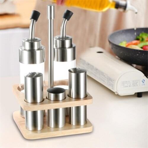 Seasoning Bottle Set with Wooden Rack Translucent Pepper Bottle Holder Kitchen Tools for Oil Salt Vinegar Soy Sauce Storage #CW