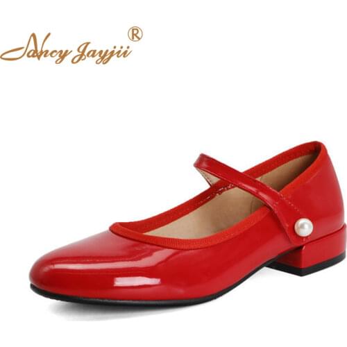 Patent Red Mary Jane Ballet Ballerina Pumps 1 Inch Low Square Heels Round Toe Famous Brand Design Spring Women Shoes 2019
