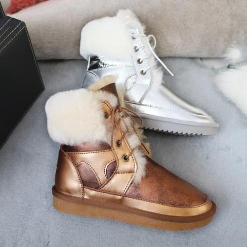 Natural Wool Boots Shearling Snow Boots Winter Waterproof Genuine Sheepskin Boots Womens Thick Fur Lace Flats Shoes
