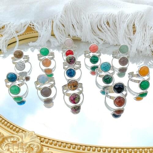 Natural Stone Open Rings for Women 10 mm Agate Jade Malachite Obsidian Set with Two Gems Vintage Jewelry Rings Gifts Adjustable