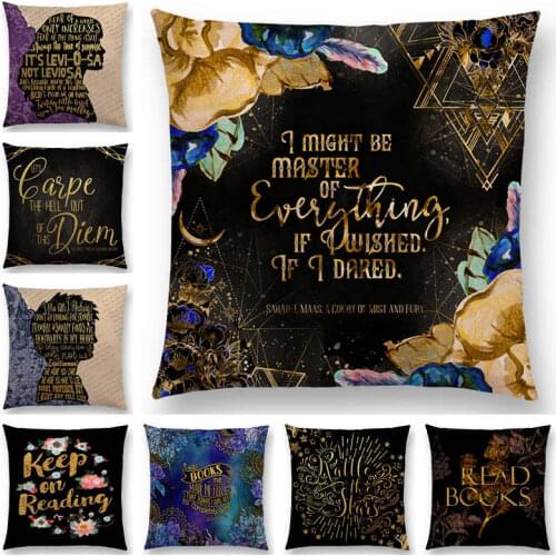 Newest Beautiful Cushion Cover Black Golden Letters Reading Books Story Text Sofa Throw Pillowcase