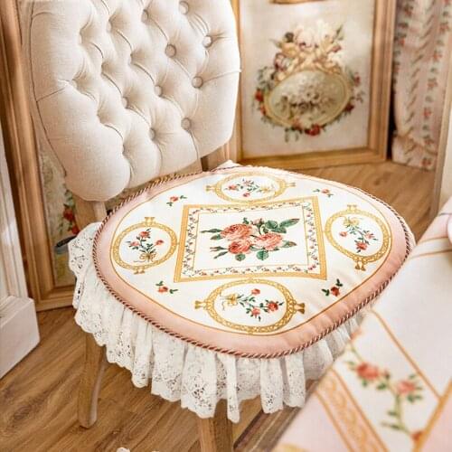 Dining Chair Cushion Non Slip Plush Chair Cover Seat Cushion European Pastoral Style Rose Print Lace Cushion Home Decoration