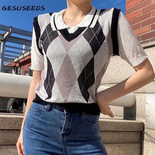 Casual Pullover Women Vintage Sweater Short Sleeve Knitted Pullover Fashion Argyle Sweater Patchwork Fake 2 Piece Sweater Summer