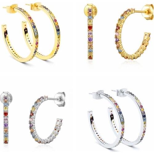 925 Silver Ear Needle Rainbow Zircon C-Shape Stud Earring for Women Piercing Pendiente Climber European Fashion Jewelry Earrings