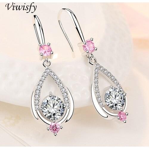 Viwisfy Pink Crystal Heart Drop Earrings Silver Women 925 Sterling Jewelry For Wedding Gift Big Dangle VW21240