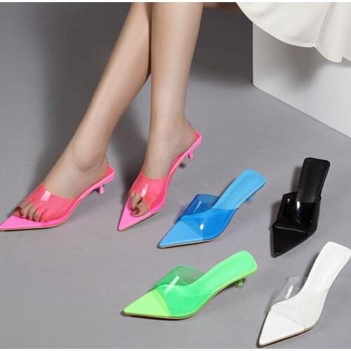 Women Slippers Shoes 2021 Thin Heels Slides Summer Pointed Toe Transparent Fashion High Heels Shoes Ladies Slippers Pumps