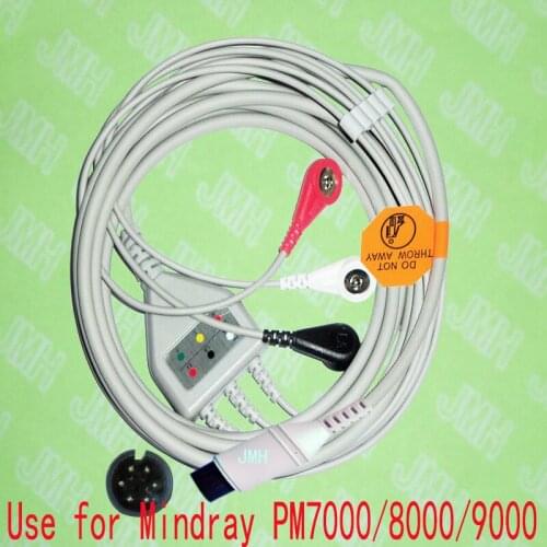 Compatible 6pin Mindray PM9000, PM8000,PM7000 and Goldway ECG Machine the one-piece 3 lead cable and snap leadwire,IEC or AHA