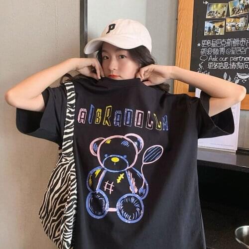 Tide girl black 100% cotton 2021 new loose Korean summer wild ins short sleeve printed top