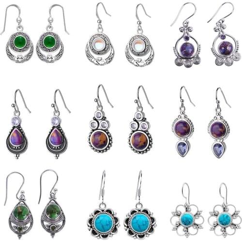 Vintage Small Dangle Women Earrings Purple Green Synthetic Stone Silver Color Drop Earring Bohemia Indian Jewelry aretes DBE001