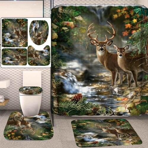 Forest Creek Deer Christmas Elk 180x180cm Shower Curtain Pedestal Rug Lid Toilet Cover Mat Non-slip Bath Mat Set Bat