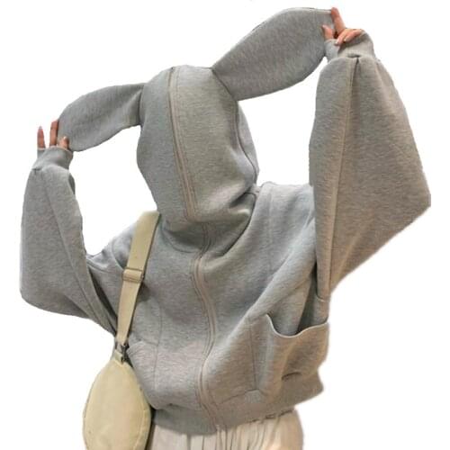 2021 Spring Autumn Kawaii Style Women Hoodies Funny Rabbit Long Ears Hooded Sweatshirt Long Sleeve Casual Zip Up Short Hoodie