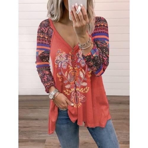 Vintage Floral Printed T-Shirt Women Clothing 2021 Autumn Casual Loose Long Sleeve Tops V-Neck Tee Shirt Tunic Ladies Oversize