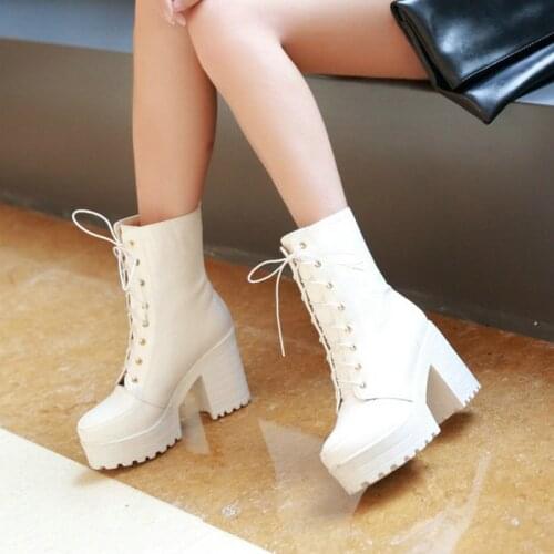 2021 Ladies Spring Autumn Short Boots Fashion Cross Tied Platform Womens Shoes Winter Square High Heel PU Motorcycle Boots