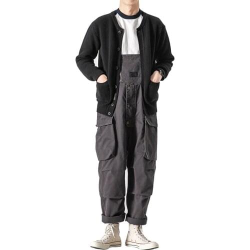 2021 Overalls Men Bib Jumpsuits Cotton Multi Pocket Straight Solid Casual Cargo Pants Workwear Clothing Gray Green Trousers