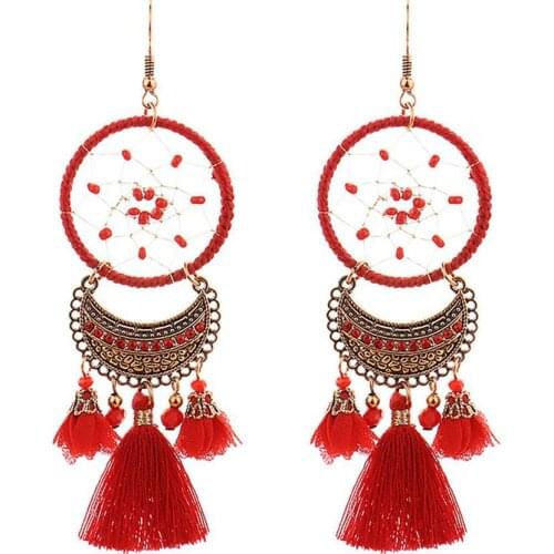 70% Hot Sale 2021 Earrings Long Drop Fashion Red Fringed Long Fashion Tassel Earrings For Girls Dream Catcher Flower Earrings