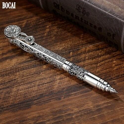 BOCAI 2021 Trend Real s925 Silver Personalized Engraving Six-character Mantra Ballpoint Pen Stylish Signature Pen Best Gift