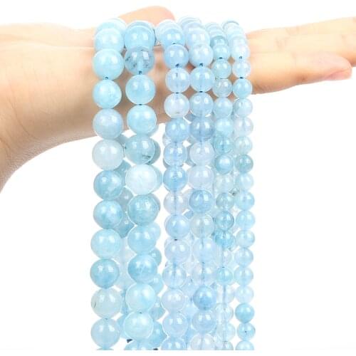 Natural Stone Beads Smooth Aquamarine Round Loose Spacer Beads for Jewelry Making Bracelets Necklace Accessories Strand 6/8/10MM
