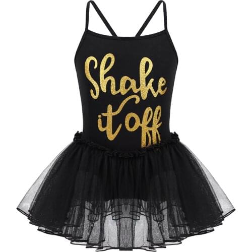 Kids Spaghetti Straps Shiny Letters Printed Gymnastics Leotard Girls Ballet Tutu Dress Children Stage Performance Dance Costume